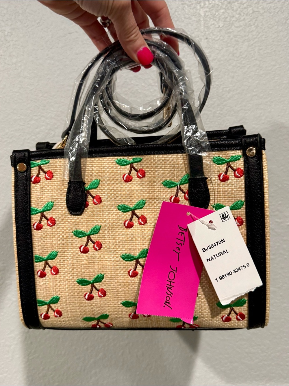 Betsey Johnson Natural Straw “Cherry on Top” Embroidered Satchel with Strap 🍒